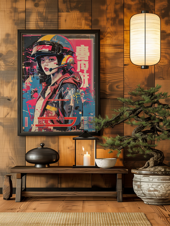 Framed cyberpunk female pilot artwork with bold graffiti colors displayed on a wooden wall, surrounded by minimalist Japanese-style interior decor, bonsai tree, and soft lighting.