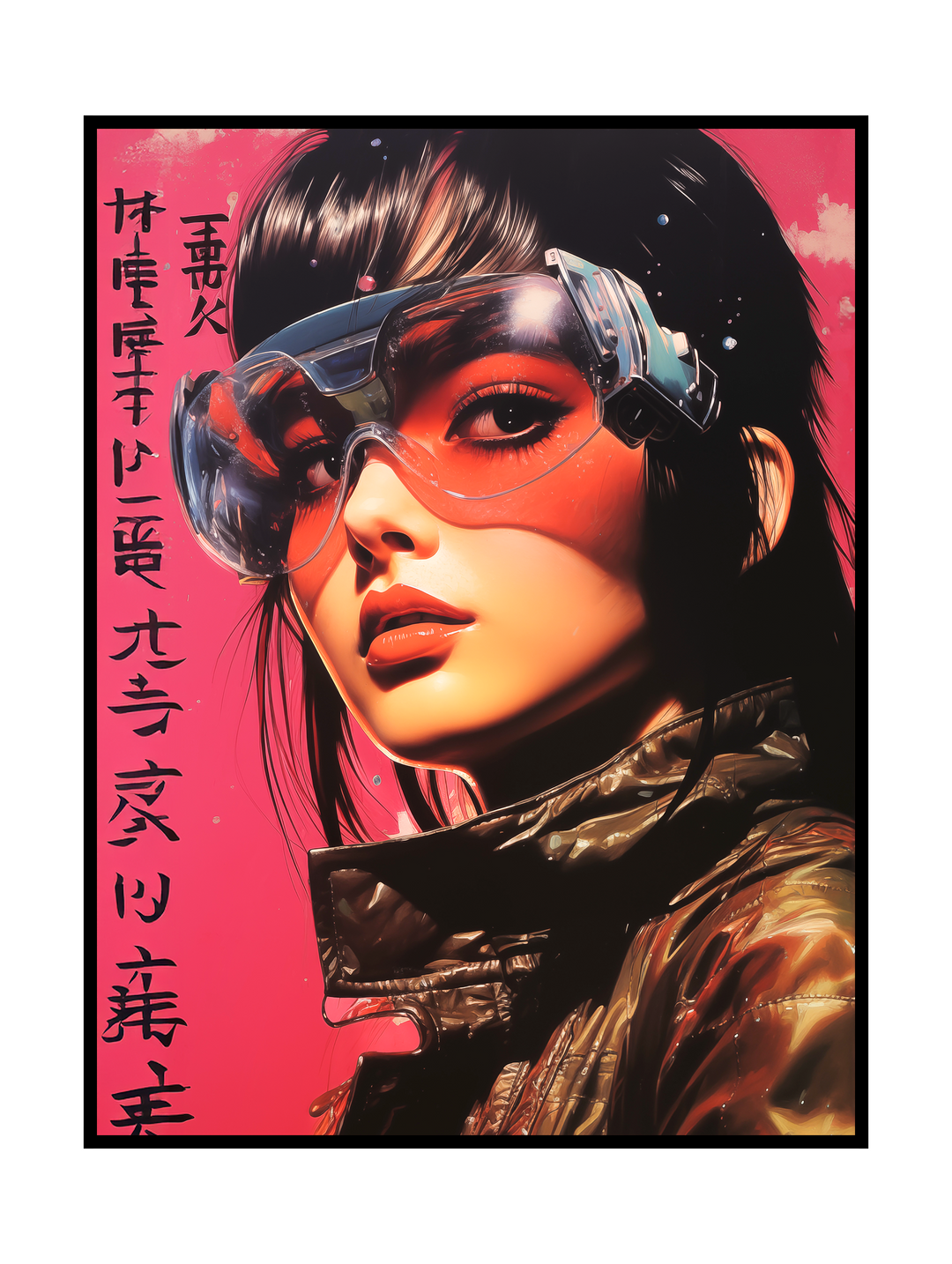 Futuristic cyberpunk art print featuring a stylized female portrait wearing transparent high-tech goggles and a metallic jacket. Vibrant neon colors, soft glow effects, and vertical Japanese characters create a bold sci-fi atmosphere inspired by retro-futurism, cyber aesthetics, and urban future worlds.