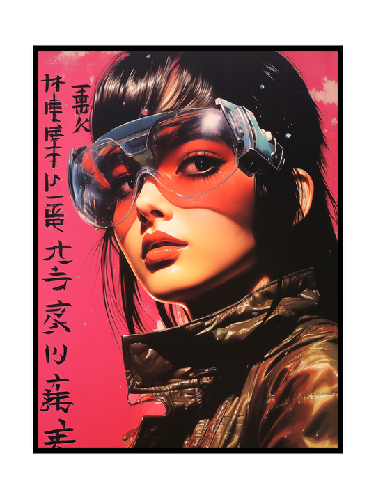 Futuristic cyberpunk art print featuring a stylized female portrait wearing transparent high-tech goggles and a metallic jacket. Vibrant neon colors, soft glow effects, and vertical Japanese characters create a bold sci-fi atmosphere inspired by retro-futurism, cyber aesthetics, and urban future worlds.