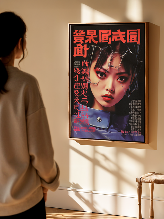 A futuristic fashion poster featuring a woman with metallic wire elements over her face and a glossy blue jacket, presented with bold red Asian typography. The framed artwork hangs on a softly lit beige wall as a woman in a neutral-toned sweater stands in front of it, observing. The natural sunlight and minimalistic setting give the scene a calm, gallery-like atmosphere that contrasts with the bold, cyberpunk visual.