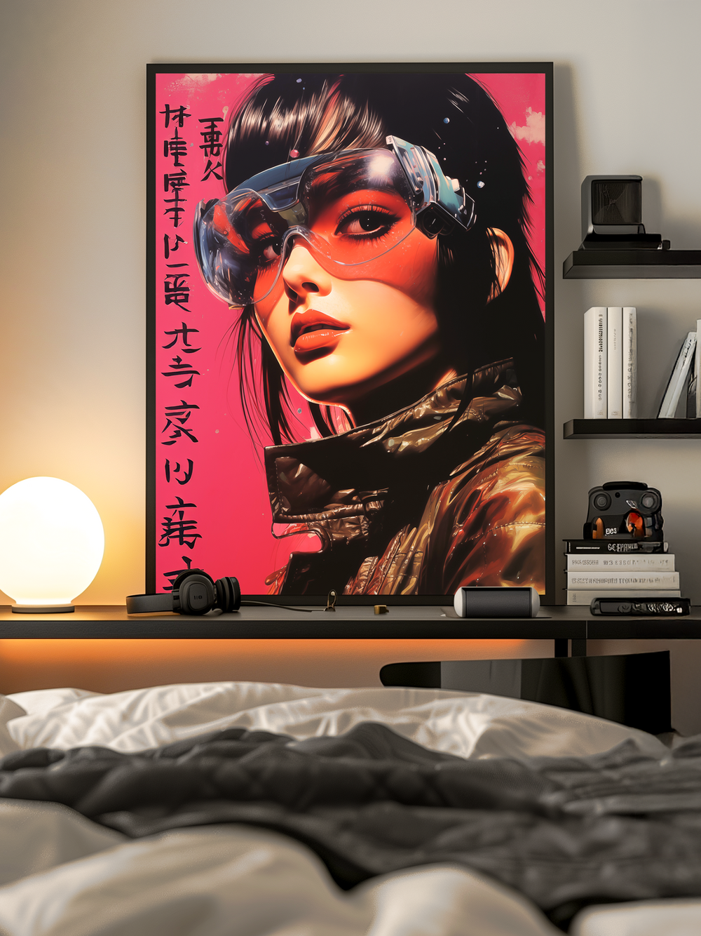 A large cyberpunk-style poster featuring a woman with red-tinted cyber goggles and Japanese characters hangs centered above a minimalist desk in a modern bedroom. The image is taken from the bed’s perspective, with soft bedding in the foreground and a warm, ambient light creating a cozy yet futuristic atmosphere.