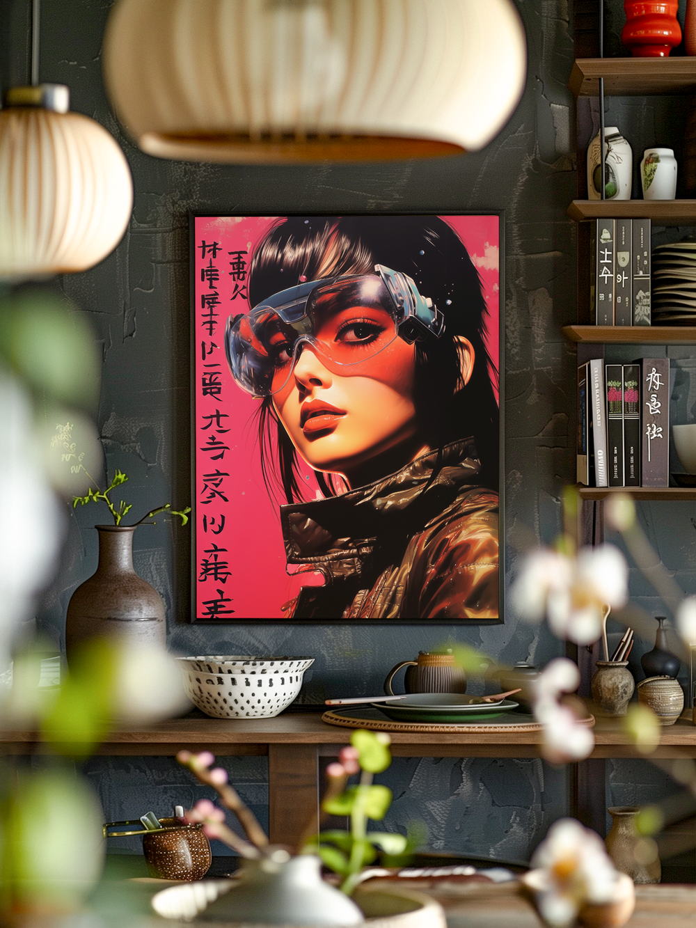 A striking poster of a woman wearing a sleek, futuristic visor with a bold pink background and stylized Asian typography hangs on a dark textured wall. The dining area in front features rustic pottery, plates, chopsticks, and flowering branches, creating a warm, modern, Asian-inspired atmosphere with shelves of books and ceramics adding depth to the scene.