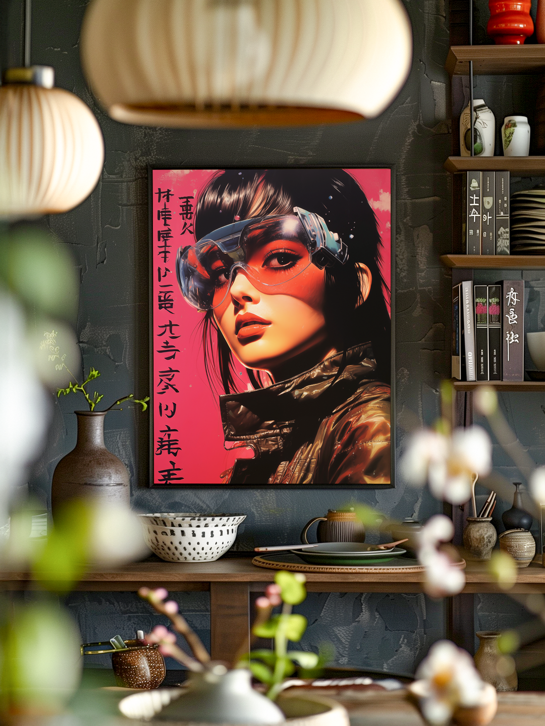 A striking poster of a woman wearing a sleek, futuristic visor with a bold pink background and stylized Asian typography hangs on a dark textured wall. The dining area in front features rustic pottery, plates, chopsticks, and flowering branches, creating a warm, modern, Asian-inspired atmosphere with shelves of books and ceramics adding depth to the scene.