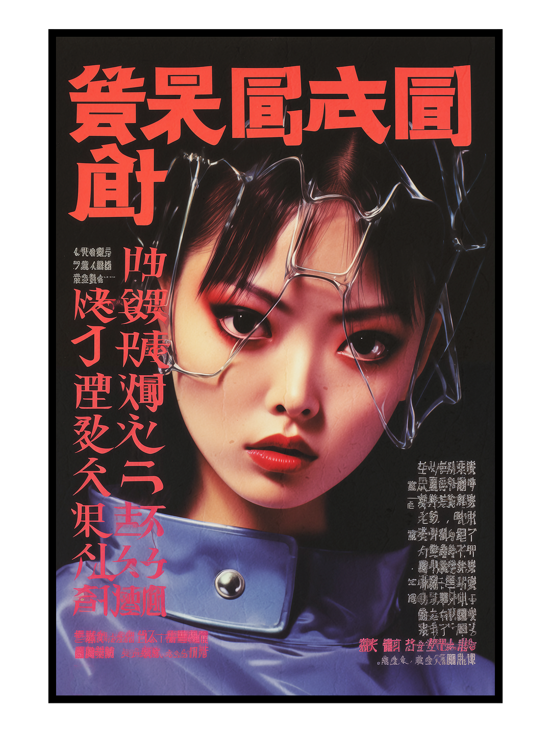 Moody cyberpunk-inspired portrait of a young woman illuminated by red neon light, featuring bold Chinese typography and a fractured glass overlay across her face. The artwork combines futuristic fashion, dystopian sci-fi aesthetics, and cinematic poster design with a dark, high-contrast atmosphere.