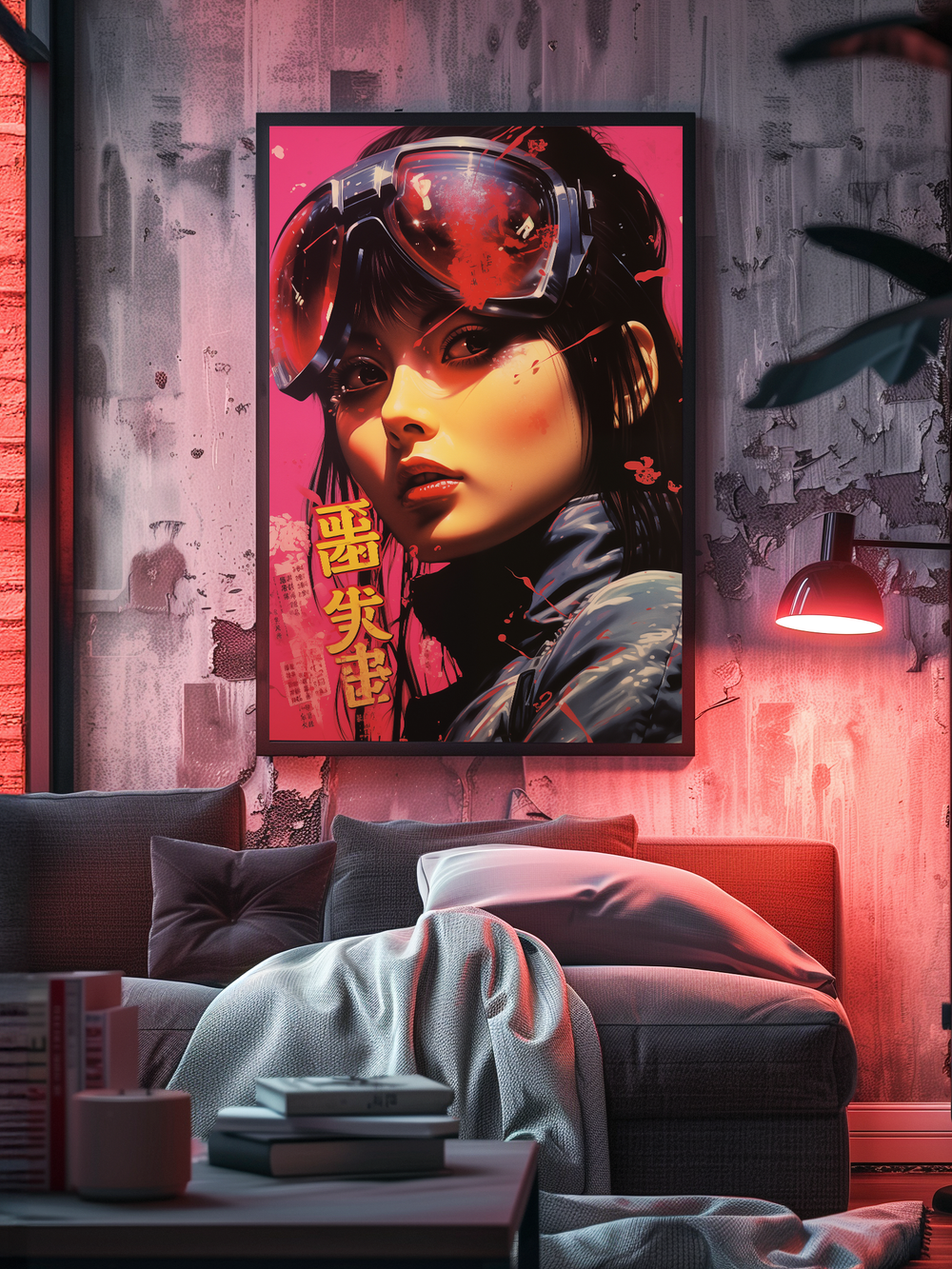 Framed cyberpunk-style poster of a woman with large red goggles and intense gaze on a distressed, textured wall in a moody industrial room with red neon lighting, modern gray sofa draped in soft blankets, accent pillows, a coffee table stacked with books and candles, creating an edgy yet cozy futuristic atmosphere.