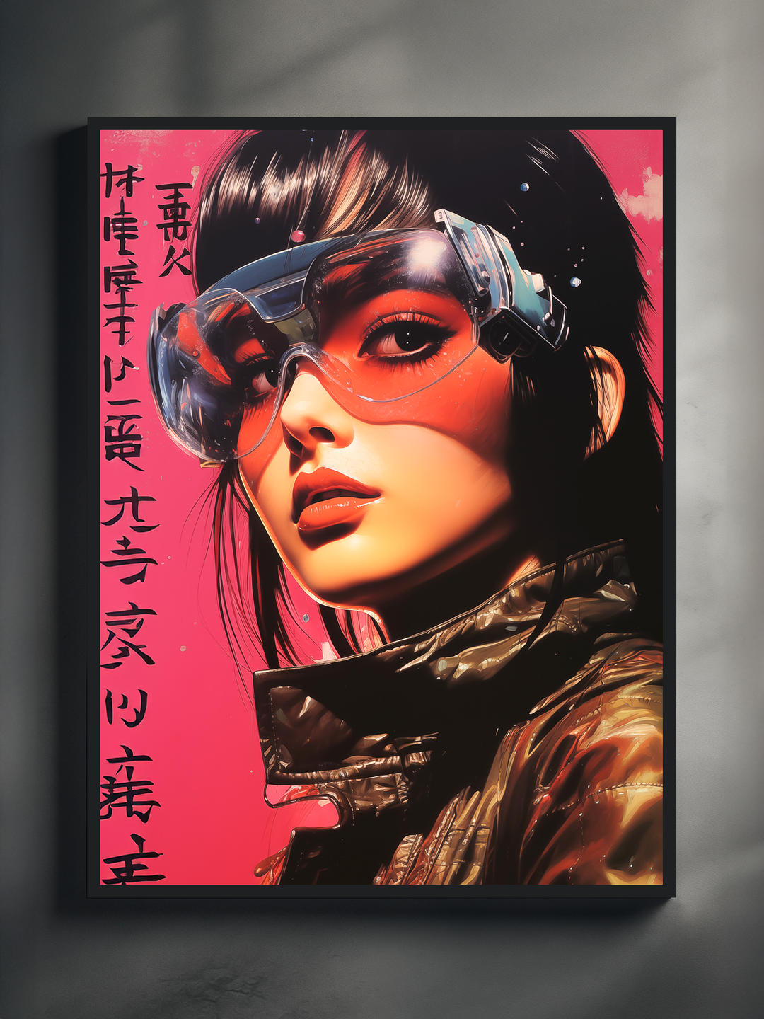 A bold futuristic illustration of a woman wearing transparent cyberpunk goggles and a reflective jacket. The artwork is set against a striking pink background with vertical Japanese text, framed in black and presented in a clean, well-lit gallery-style setting.