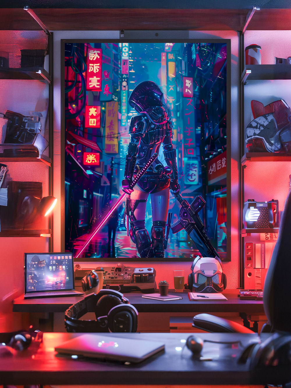 A futuristic gaming room featuring a large cyberpunk-style poster of a female warrior with glowing weapons, displayed on a dark wall surrounded by tech gear, LED-lit shelves, and a desk setup with headphones, a laptop, and sci-fi collectibles. The room glows in subtle blue and red tones, enhancing the immersive atmosphere.