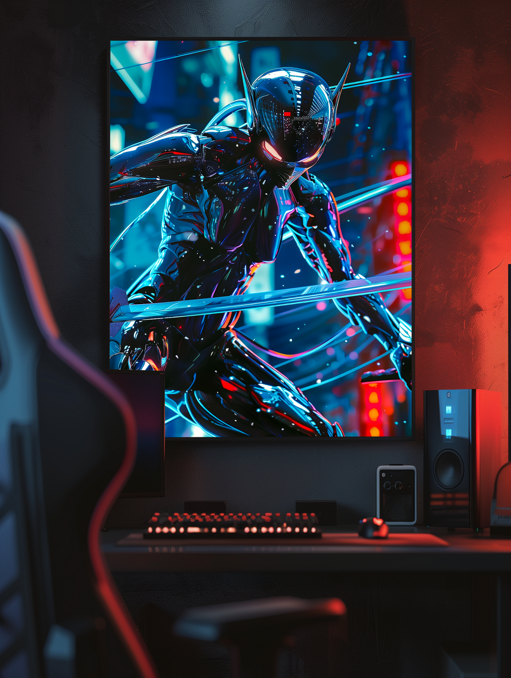 A large vertically framed poster with a white placeholder artwork is the central focus of a realistic gaming room. The dark wall and surrounding setup are illuminated by soft blue and red tones inspired by cyberpunk aesthetics. The scene includes a gaming chair, mechanical keyboard with red lighting, speakers, and tech accessories, all arranged to frame the poster as the visual centerpiece in a moody and immersive environment.