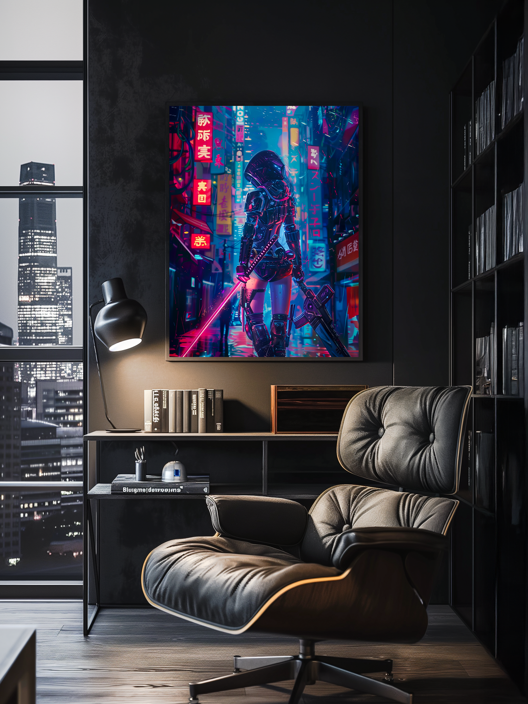 A vibrant cyberpunk poster in a minimalist black frame is mounted on a dark wall in a sleek, modern apartment. The room features a leather lounge chair, a black desk with books and accessories, a tall bookshelf, and a large window showing a futuristic city skyline at night. The setup combines cozy interior design with urban sci-fi aesthetics, creating a realistic, stylish space.