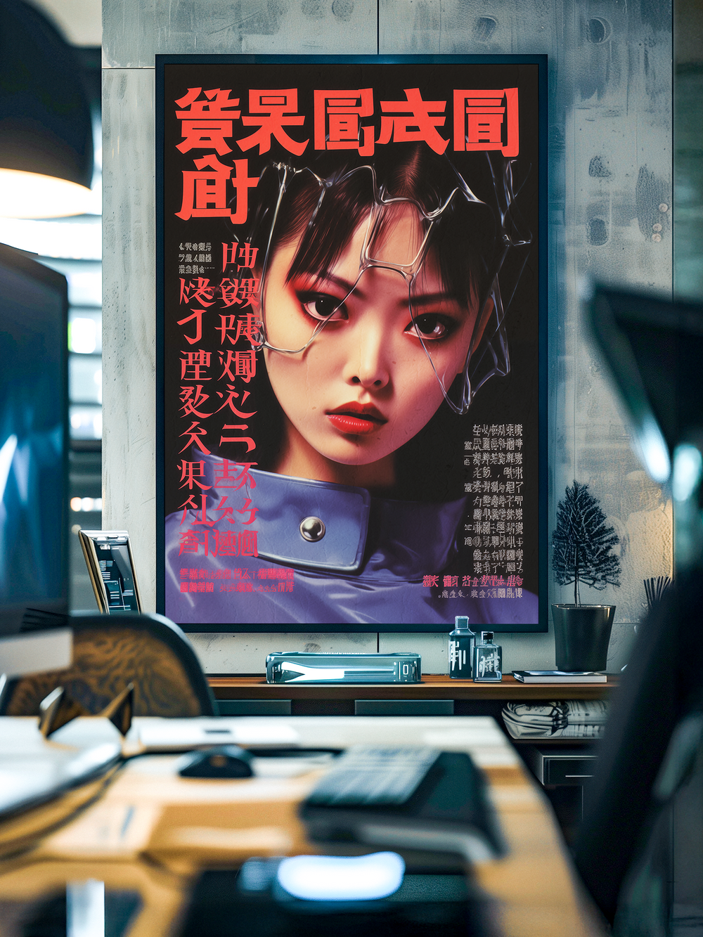 Bold artwork featuring a woman’s face with a fragmented wire overlay, set against a deep black and red background with striking Japanese typography. Displayed in a modern office interior with concrete walls, desk setup, and plants, the poster creates a dramatic futuristic atmosphere.