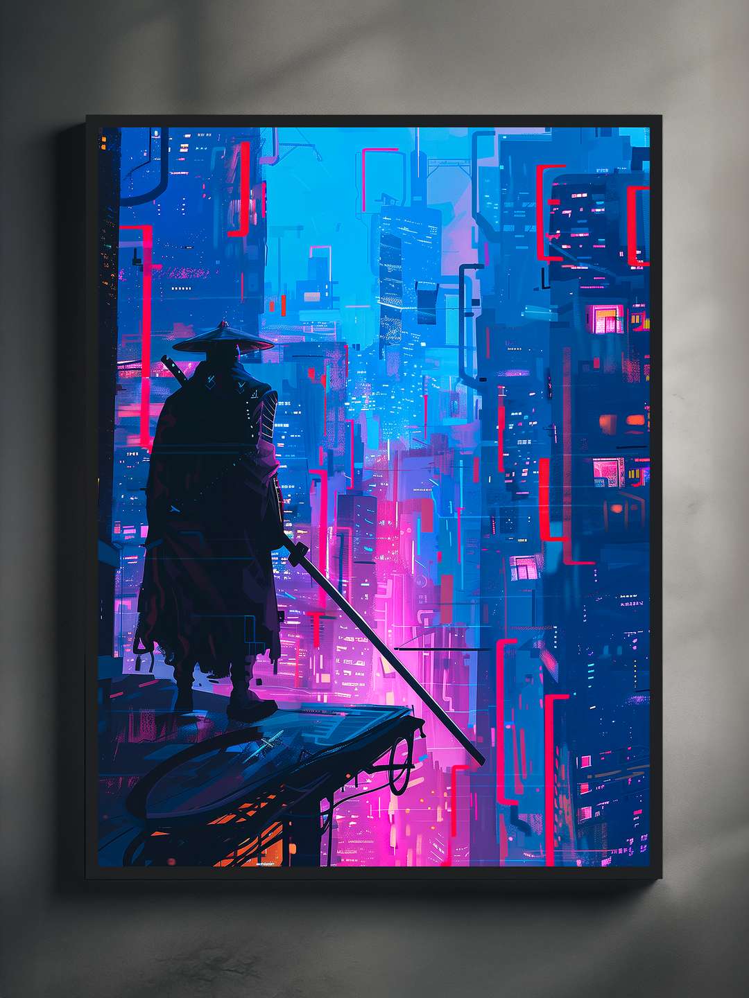 A cyberpunk-themed Ronin poster showing a futuristic warrior overlooking a neon-lit cityscape, framed in black and captured in a minimalist, modern room setting.