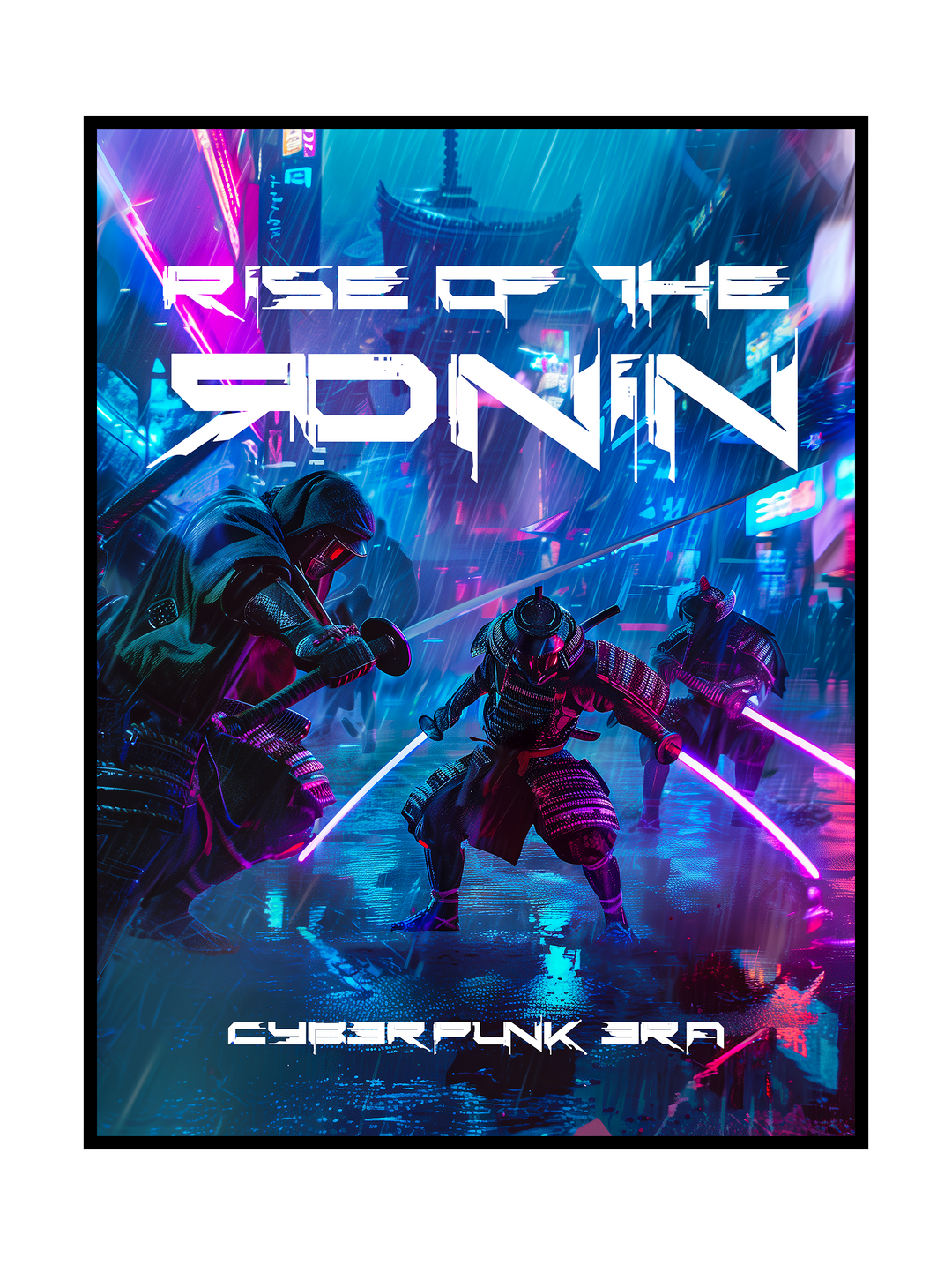 Futuristic cyberpunk artwork showing armored samurai warriors facing off in a rain-soaked neon city street. The scene features glowing energy katanas, reflective wet pavement, and intense blue and purple lighting, creating a dramatic sci-fi atmosphere inspired by a dystopian cyberpunk era.