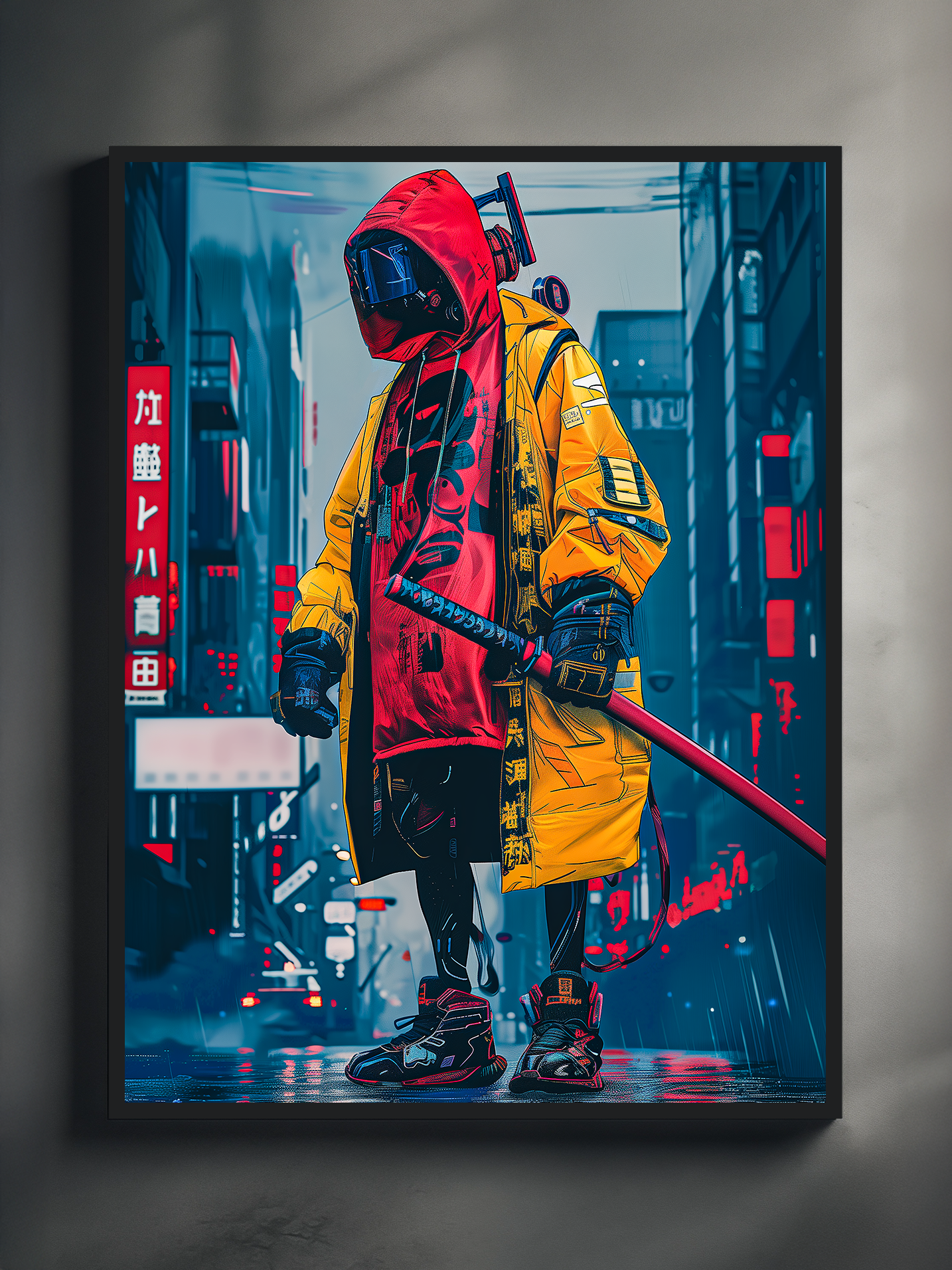 Vibrant cyberpunk wall art showing a hooded futuristic warrior in a neon rain city, wearing a yellow jacket and red hoodie while holding a katana in a glowing alley.