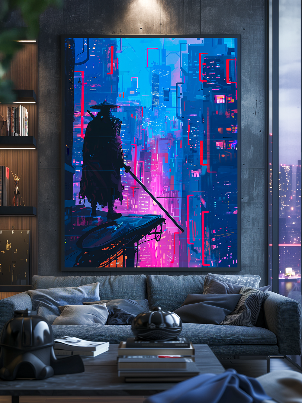 A realistic front-facing view of a modern living room with a dark concrete wall featuring a large framed cyberpunk poster of a samurai overlooking a neon cityscape in blue and pink tones. The room includes built-in shelves with books and samurai-themed decor, a comfortable gray sofa with coordinated pillows, and a coffee table with blurred foreground objects for depth. A city skyline with glowing lights is visible through a side window, blending the poster’s colors with the room’s ambient design.