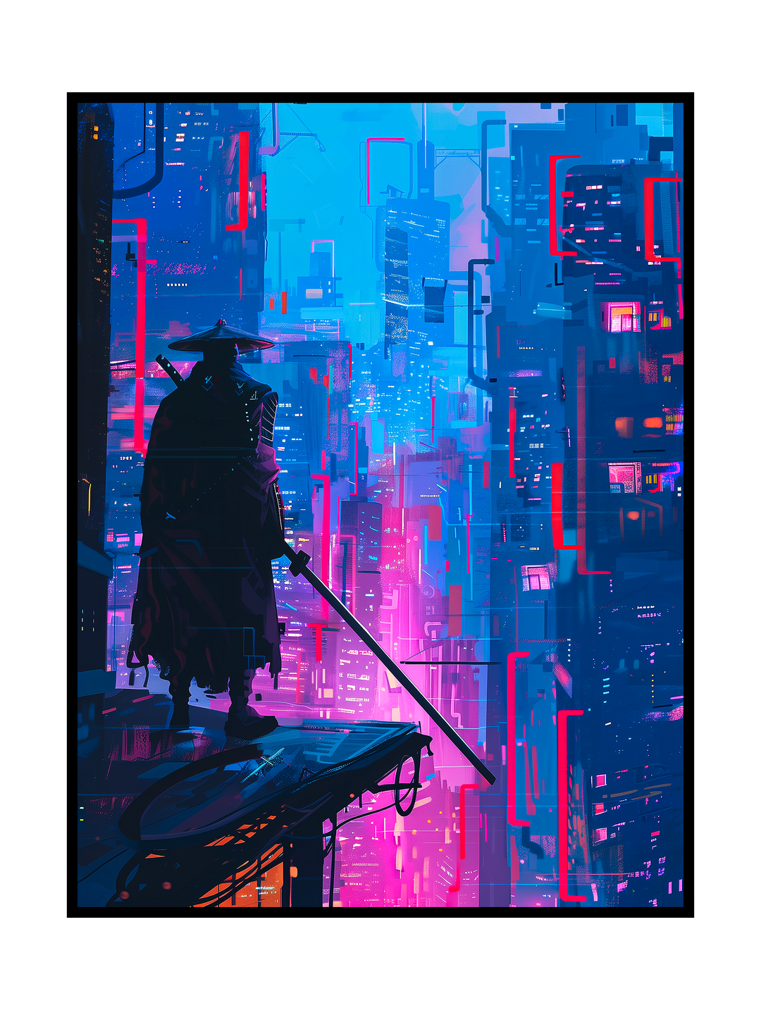 Atmospheric cyberpunk artwork showing a lone samurai silhouette standing on a futuristic rooftop, holding a katana while overlooking a vast neon-lit city. The scene features towering skyscrapers, glowing magenta and blue lights, digital architecture, and a moody sci-fi dystopian atmosphere that blends traditional warrior imagery with a high-tech urban future.