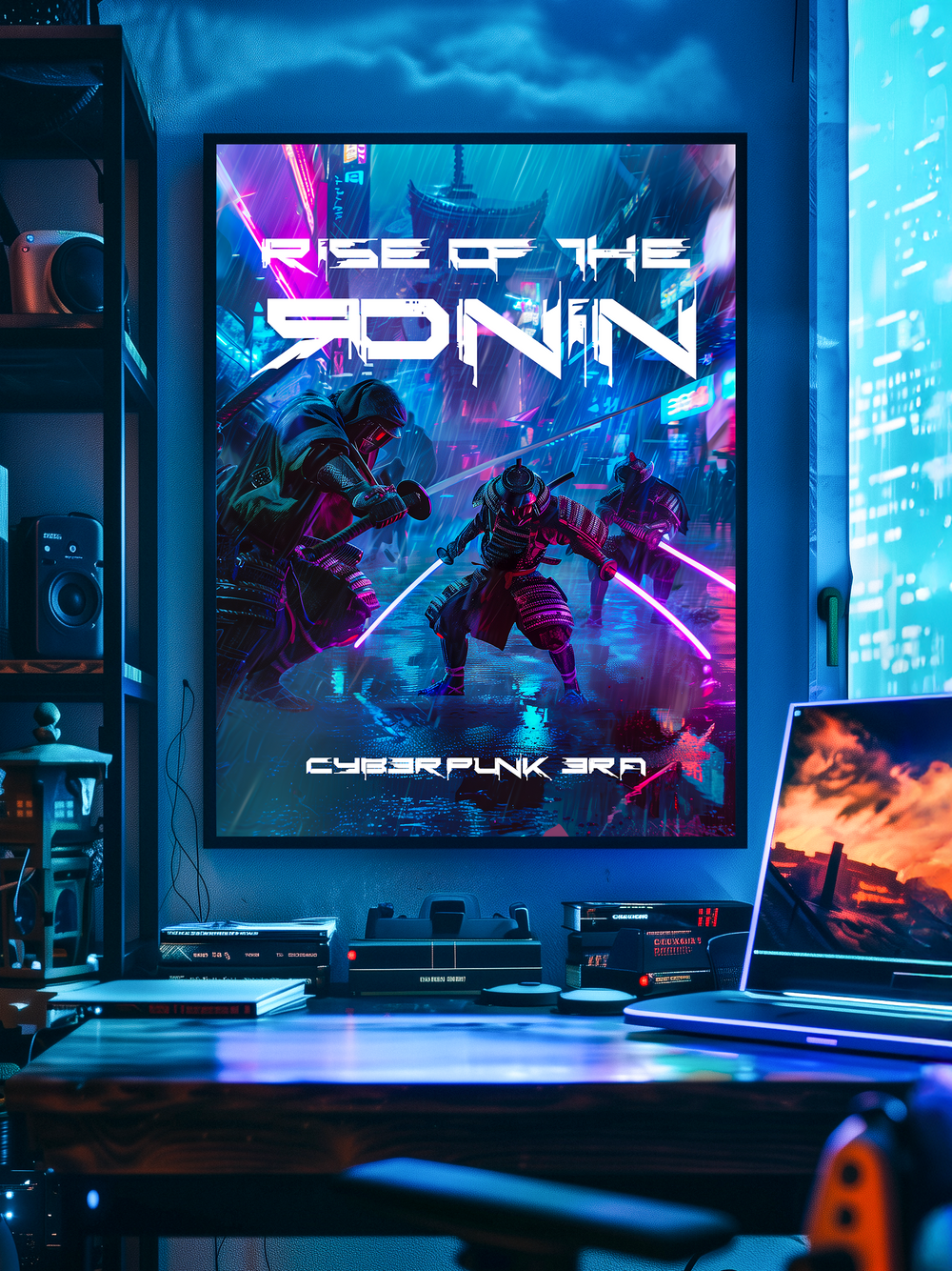 A dark modern workspace featuring a central framed poster titled “Rise of the Ronin,” showing cyberpunk samurai in a neon-lit city. The setup includes a wooden desk with retro gaming consoles, a laptop, and sci-fi gadgets, with a glowing city skyline visible through the window. Cool blue and magenta tones reflect the poster’s color palette, creating a focused and immersive room atmosphere.