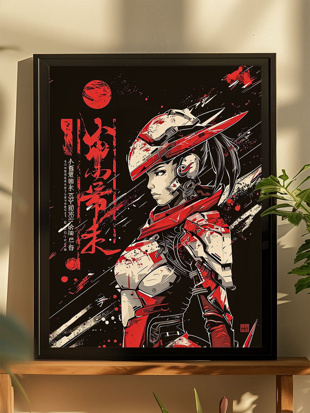 Realistic mockup of a framed cyberpunk samurai poster displayed in a cozy middle-class living room, featuring a black aluminum frame, white matte wall, wooden furniture, and soft natural sunlight highlighting the scene, creating a modern and welcoming atmosphere.