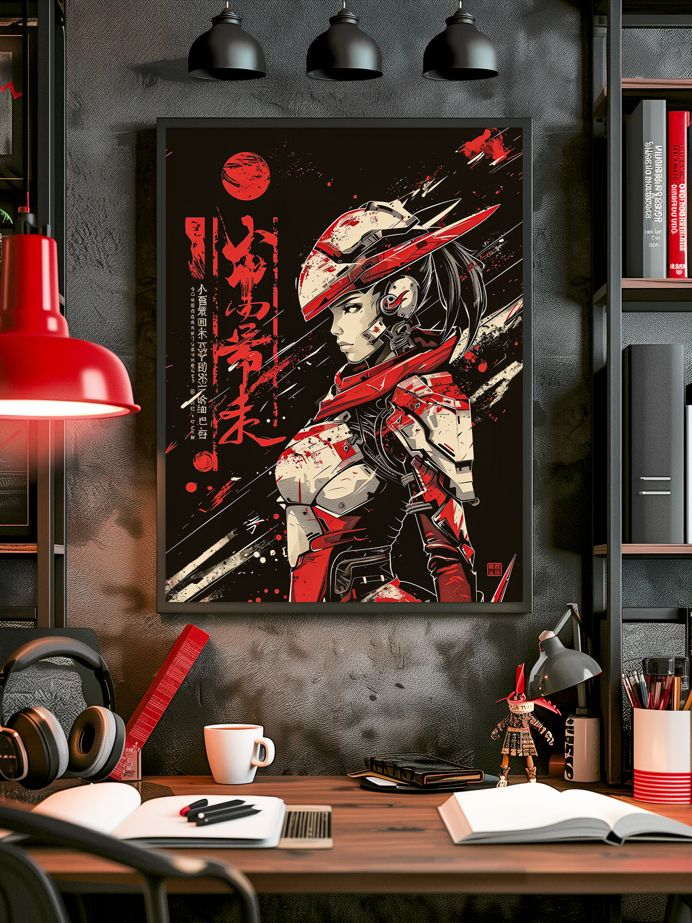 Front view of a stylish workspace featuring a cyberpunk samurai poster with red, black, and white tones. The poster displays a futuristic female warrior in armor and helmet, set against a backdrop with Japanese calligraphy and a red sun. The setting includes shelves, books, a red desk lamp, scattered stationery, and a cozy desk setup, creating a creative and immersive atmosphere with strong depth and lighting.