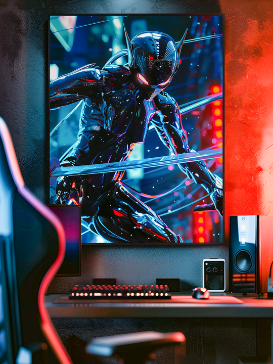 A striking cyberpunk samurai poster displayed above a sleek gaming desk setup, surrounded by glowing neon red and blue lighting. The black frame and illuminated keyboard create a futuristic gamer room atmosphere, perfect for sci-fi art lovers and modern interior design.