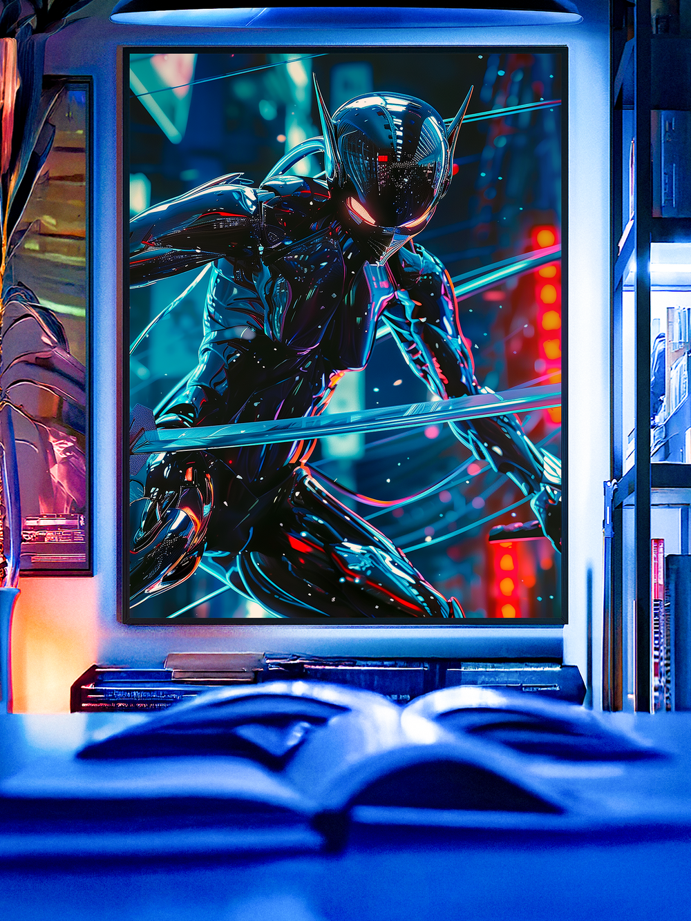 High quality cyberpunk poster featuring a futuristic samurai in a black armored suit with glowing details, helmet with sharp antennas, and neon city lights in the background. Perfect for modern wall art lovers and sci fi decor enthusiasts.