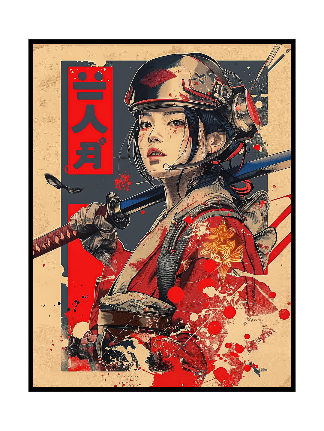 Cinematic cyberpunk illustration of a female samurai holding a katana, wearing a futuristic helmet and headset. The artwork blends traditional Japanese warrior symbolism with sci-fi aesthetics, featuring bold red accents, painterly textures, dynamic splatter effects, and vertical Japanese characters in the background, creating a powerful fusion of tradition and futuristic urban culture.