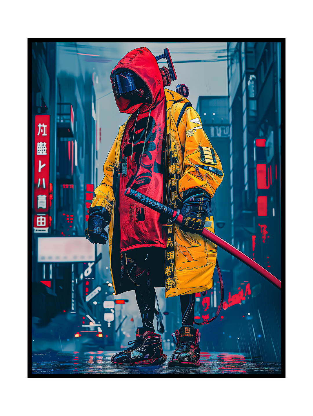 Futuristic cyberpunk artwork depicting a hooded street samurai standing in a rain-soaked neon alley. The figure wears a yellow and red techwear jacket, mask, and visor while holding a katana, surrounded by glowing city signs and reflections that create a gritty dystopian sci-fi atmosphere inspired by urban cyberpunk street culture.