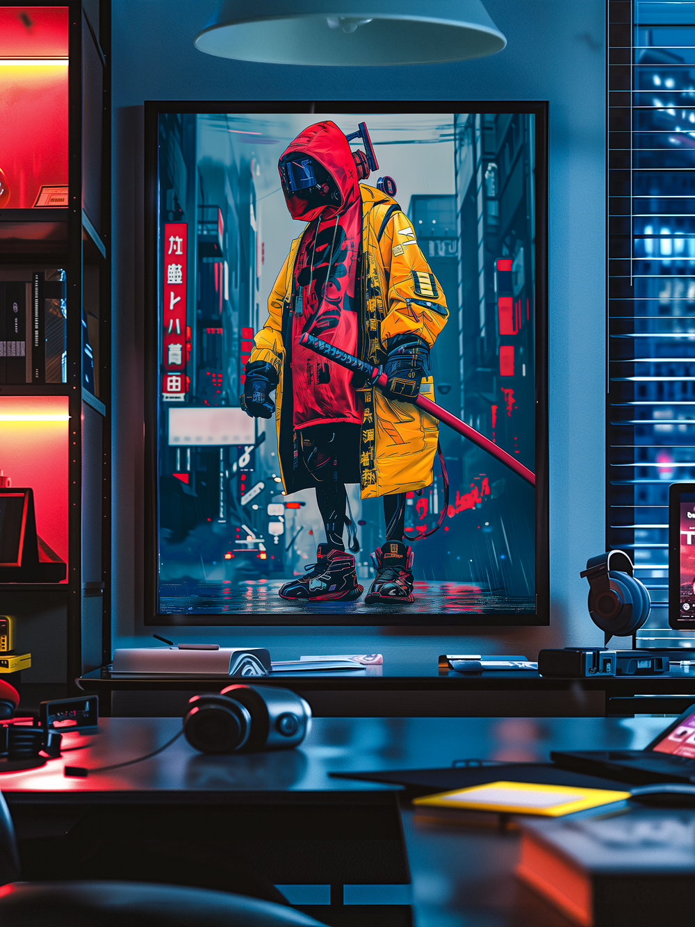 A realistic gaming room featuring a large framed poster of a futuristic street samurai wearing a yellow jacket and red hoodie, holding a katana in a neon-lit city background. The room includes a sleek desk with headphones, tech gadgets, and warm accent lighting blending with blue tones, creating a cinematic cyberpunk atmosphere.