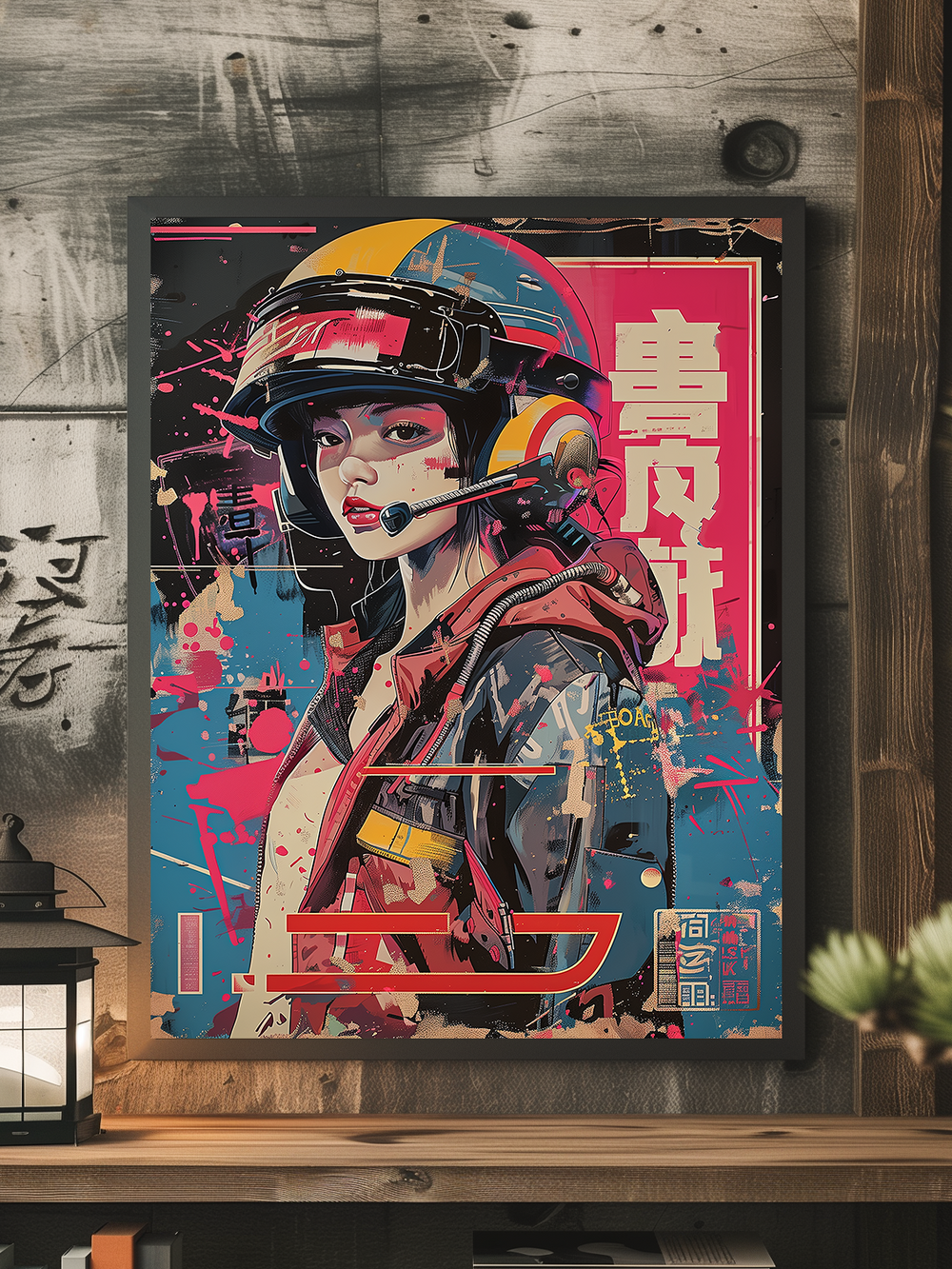 Poster of a cyberpunk-inspired female pilot wearing a colorful helmet, set against a vibrant urban graffiti background, framed in a black frame, placed in a modern industrial room with wood and metal textures.