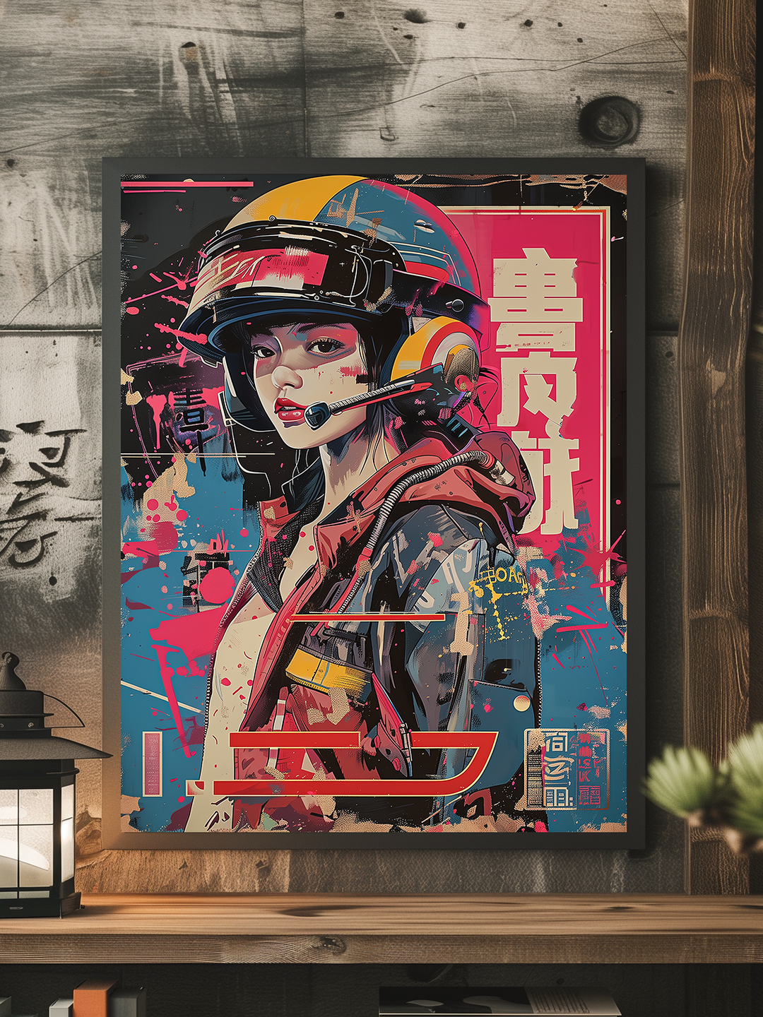 Poster of a cyberpunk-inspired female pilot wearing a colorful helmet, set against a vibrant urban graffiti background, framed in a black frame, placed in a modern industrial room with wood and metal textures.