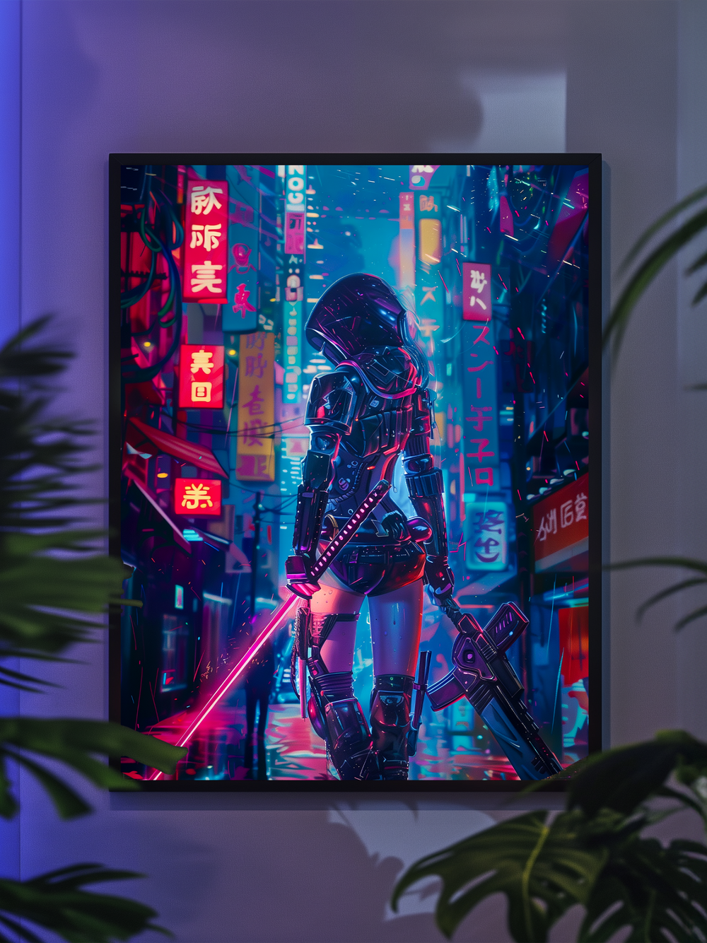 Realistic poster of a cyberpunk warrior girl holding a neon sword in a rainy neon-lit alley, surrounded by modern indoor plants and soft ambient lighting.
