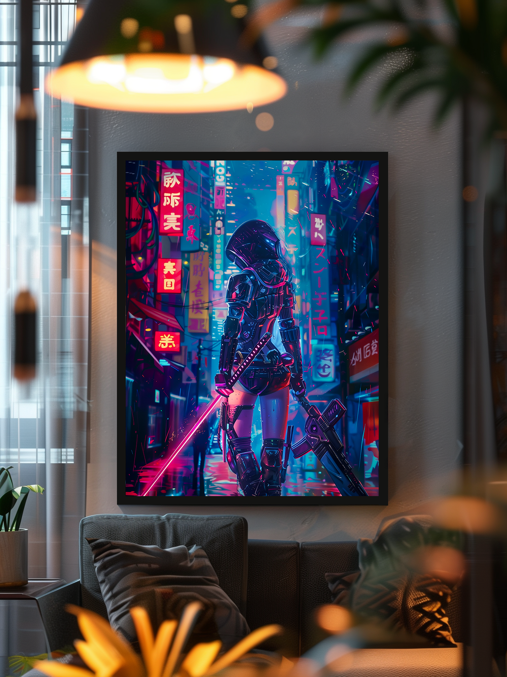 Vibrant cyberpunk artwork featuring a futuristic girl with neon sword and rifle, displayed in a modern living room with cozy sofas, plants, and warm ambient lighting.