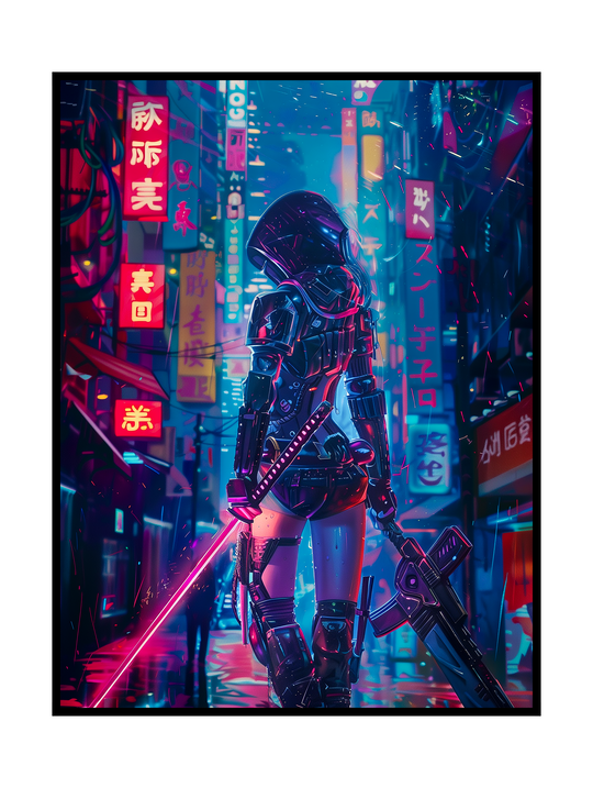 Futuristic cyberpunk artwork showing a female warrior from behind, standing in a neon-lit city alley filled with glowing signs and reflections. She wears advanced armored gear and holds a glowing katana alongside a high-tech weapon, creating a cinematic sci-fi atmosphere inspired by dystopian urban futures, neon cityscapes, and high-contrast cyberpunk aesthetics.
