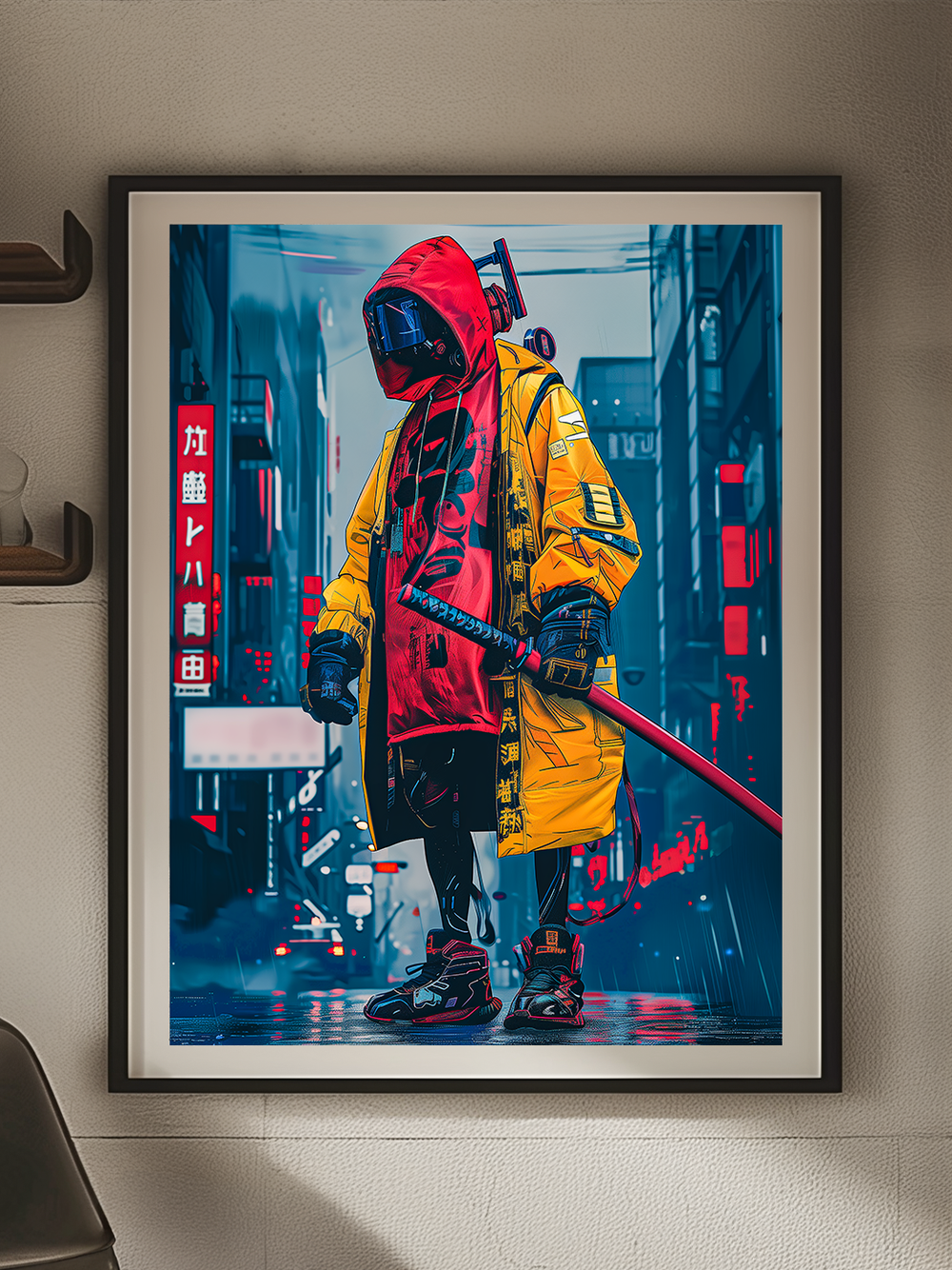 A futuristic cyberpunk character in a yellow and red hoodie stands confidently in a neon-lit city street, holding a katana. The scene captures a gritty urban vibe with Japanese signs glowing in the background, blending fashion-forward streetwear with a dark sci-fi atmosphere.