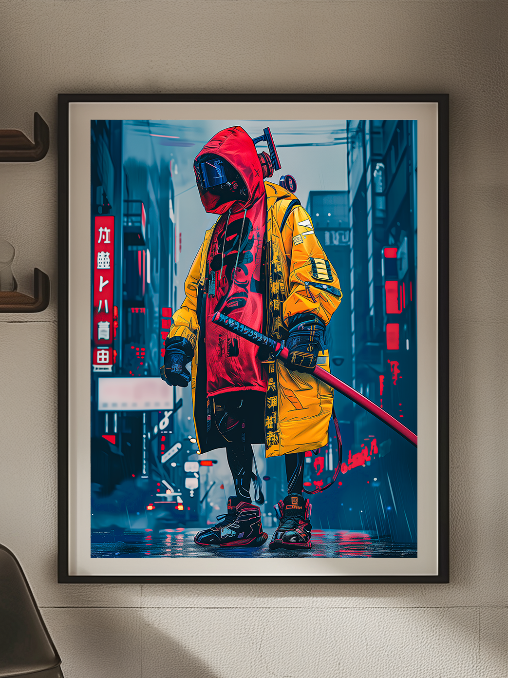 A futuristic cyberpunk character in a yellow and red hoodie stands confidently in a neon-lit city street, holding a katana. The scene captures a gritty urban vibe with Japanese signs glowing in the background, blending fashion-forward streetwear with a dark sci-fi atmosphere.