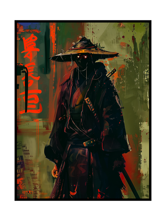 Moody cyberpunk artwork depicting a lone ronin figure wearing a traditional straw hat and layered robes, standing in a gritty futuristic city environment. The composition blends painterly textures, red and green neon tones, Japanese urban elements, and dystopian sci-fi aesthetics, creating a cinematic fusion of traditional samurai imagery and modern cyberpunk atmosphere.