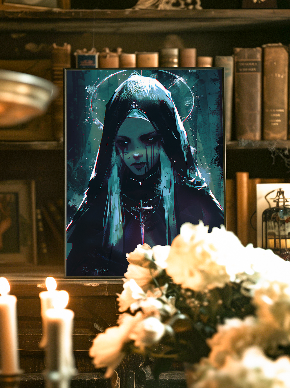 Framed artwork titled Dark Divinity displayed in a cozy vintage room setting with books, white flowers, and lit candles. The poster features a mysterious blue-toned female figure with a halo and intense expression, harmonizing with the warm ambient lighting and antique decor.