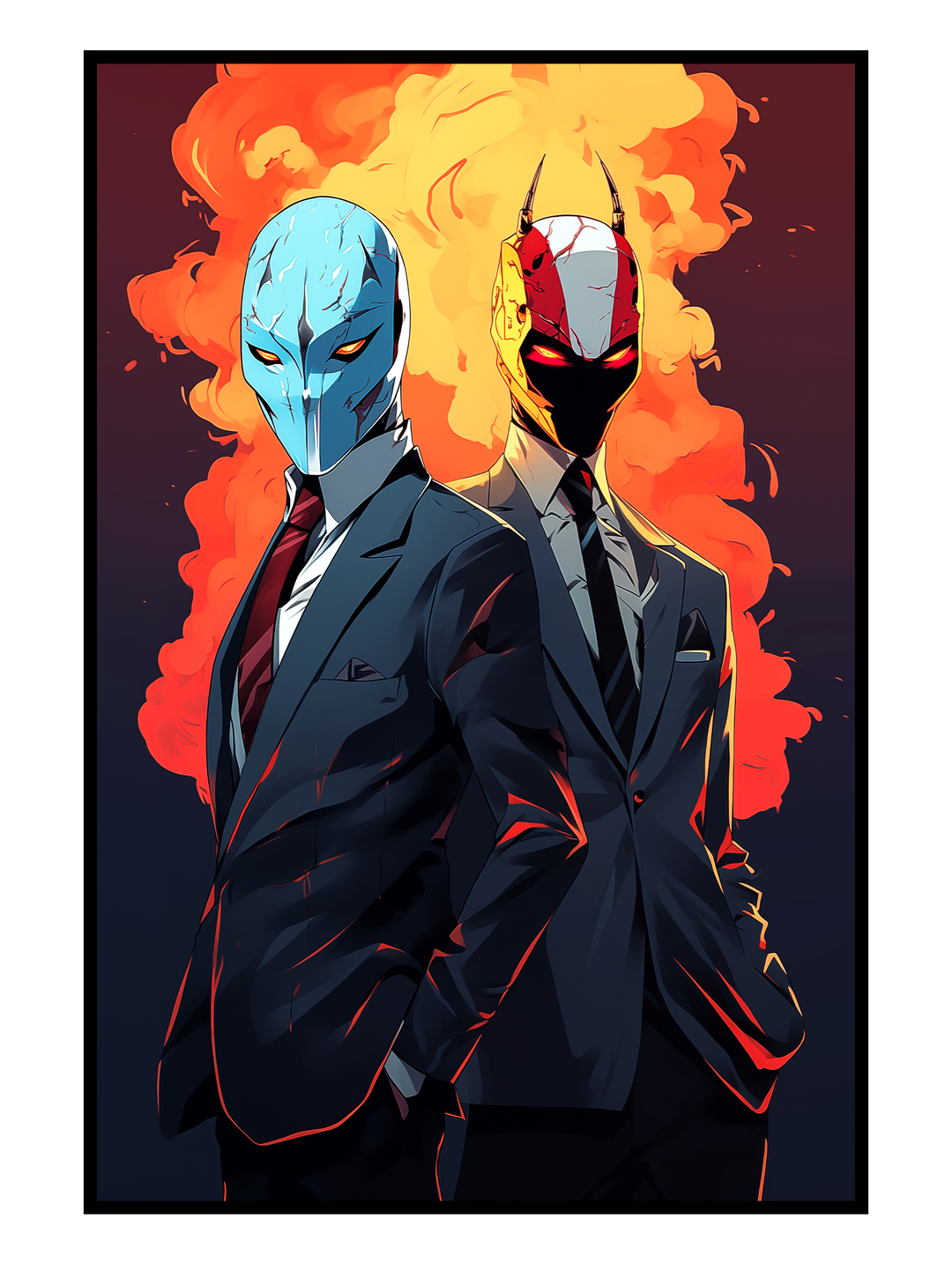 Futuristic art print depicting two mysterious humanoid figures wearing tailored suits and sleek masks, standing side by side against a fiery abstract background. Sharp lighting, bold contrasts, and a cinematic sci-fi tone create a powerful atmosphere of control, duality, and modern dystopian aesthetics.