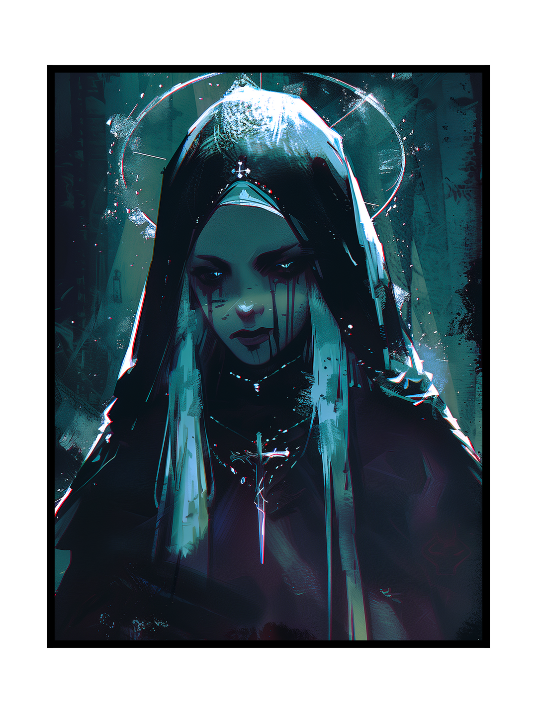Moody dark gothic illustration depicting a nun-like female figure with a glowing halo, dripping black makeup and a cross necklace. Rendered in cold blue and teal tones with painterly textures and cyberpunk influences, the artwork combines religious symbolism with dystopian aesthetics, creating an intense, atmospheric and emotionally charged visual.