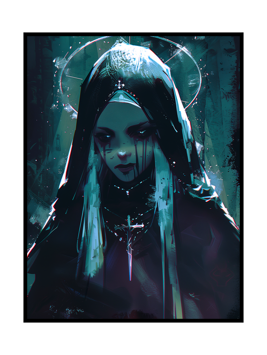 Moody dark gothic illustration depicting a nun-like female figure with a glowing halo, dripping black makeup and a cross necklace. Rendered in cold blue and teal tones with painterly textures and cyberpunk influences, the artwork combines religious symbolism with dystopian aesthetics, creating an intense, atmospheric and emotionally charged visual.