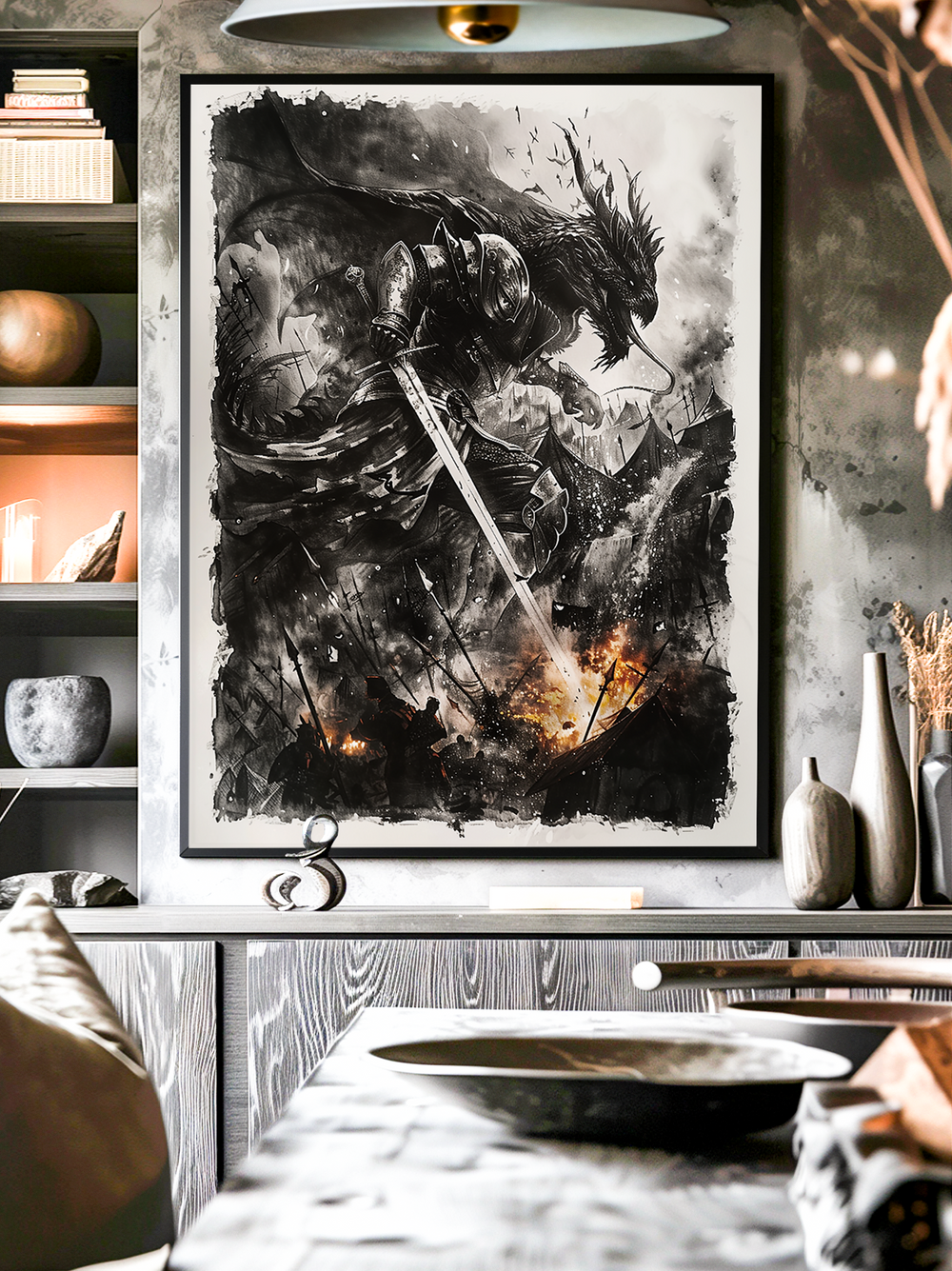 A cinematic fantasy poster featuring a dark armored knight wielding a sword against a blazing battlefield, surrounded by smoke, fire, and abstract debris. The artwork hangs framed in a modern home interior with wood textures, warm lighting, and minimalist Scandinavian decor, creating a striking contrast between medieval darkness and contemporary elegance. Perfect for fantasy lovers and design enthusiasts.