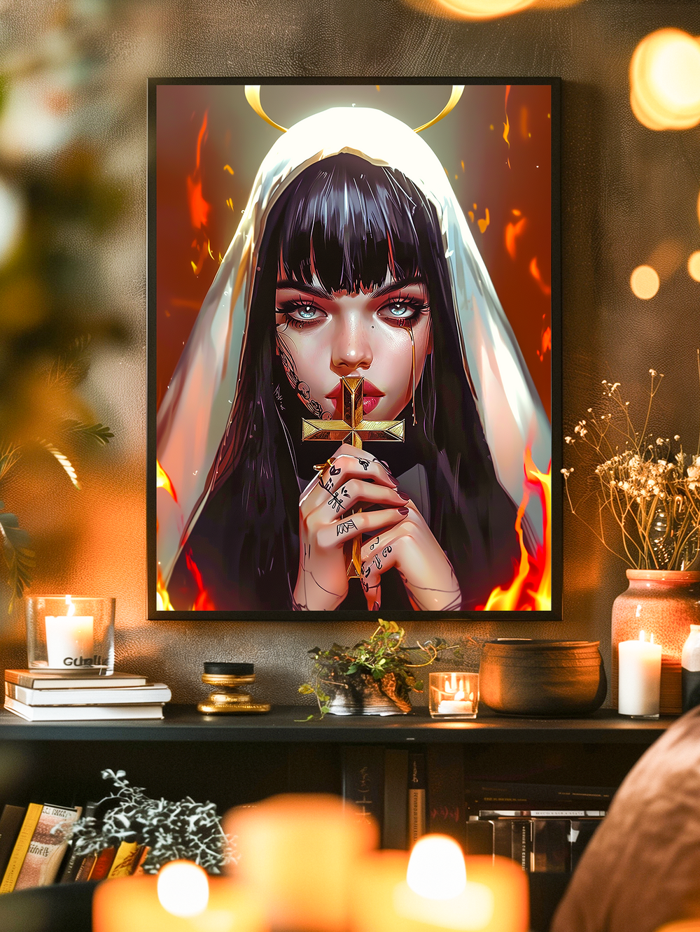 A striking framed art print featuring a dark-haired woman in a nun-inspired outfit holding a glowing cross. Her intense gaze, blood-red lips, and tattooed hands create a dramatic contrast to the halo behind her head. The artwork hangs on a textured dark wall in a cozy, candle-lit room with earthy decor, dried flowers, and warm ambient lighting.