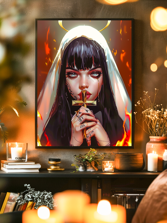 A striking framed art print featuring a dark-haired woman in a nun-inspired outfit holding a glowing cross. Her intense gaze, blood-red lips, and tattooed hands create a dramatic contrast to the halo behind her head. The artwork hangs on a textured dark wall in a cozy, candle-lit room with earthy decor, dried flowers, and warm ambient lighting.