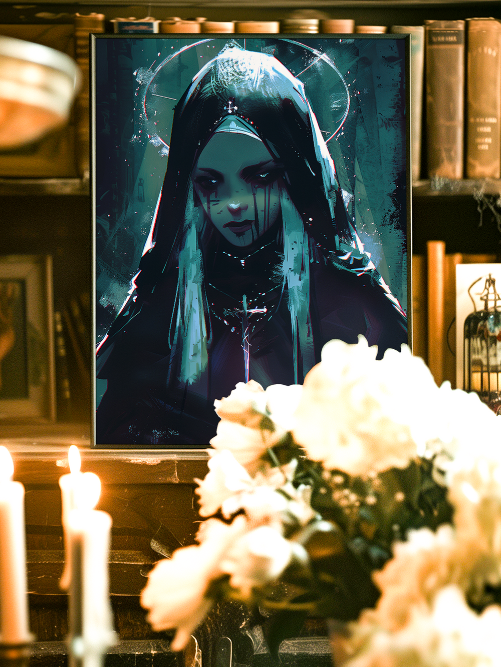 Striking wall art of a mysterious woman in a dark veil with glowing halo and sacred cross details, inspired by gothic religious iconography and modern fantasy. Perfect for dramatic wall decor.