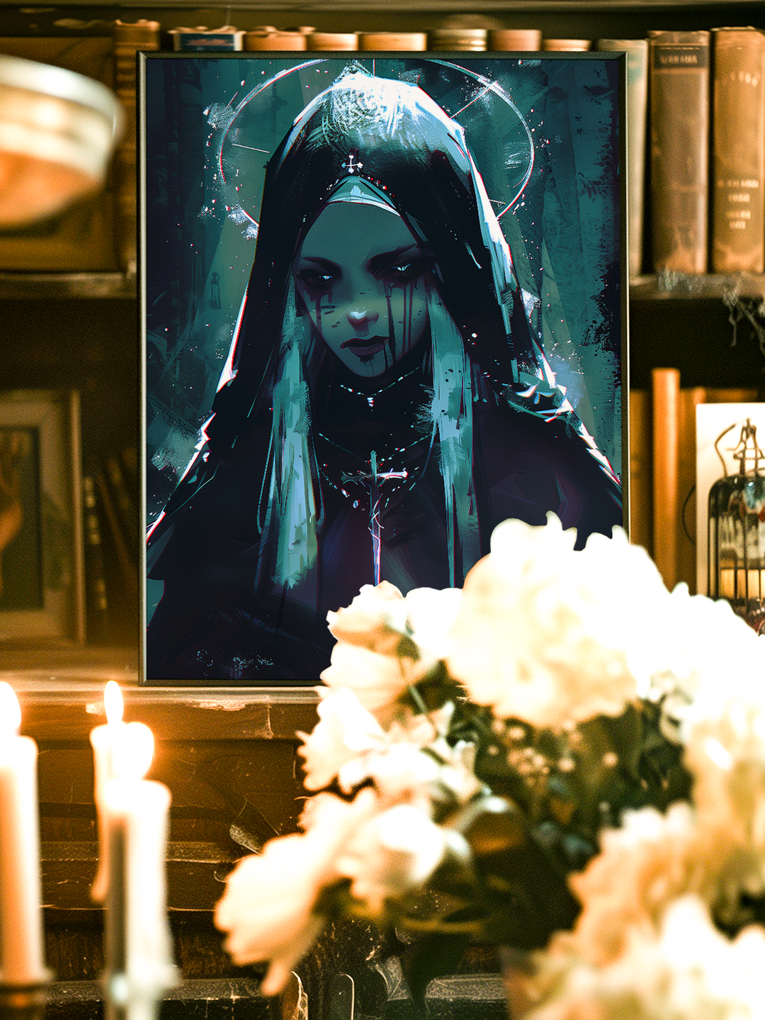 Striking wall art of a mysterious woman in a dark veil with glowing halo and sacred cross details, inspired by gothic religious iconography and modern fantasy. Perfect for dramatic wall decor.