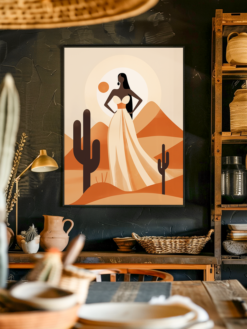 Framed vertical poster with a minimalist black frame featuring a stylized woman in flowing desert colors, set against an orange and beige landscape with cacti, hanging on a dark textured wall. The rustic dining room includes wooden shelves with woven baskets, ceramic pitchers, and natural decor elements in warm earthy tones, creating a cozy and inviting desert-inspired atmosphere.