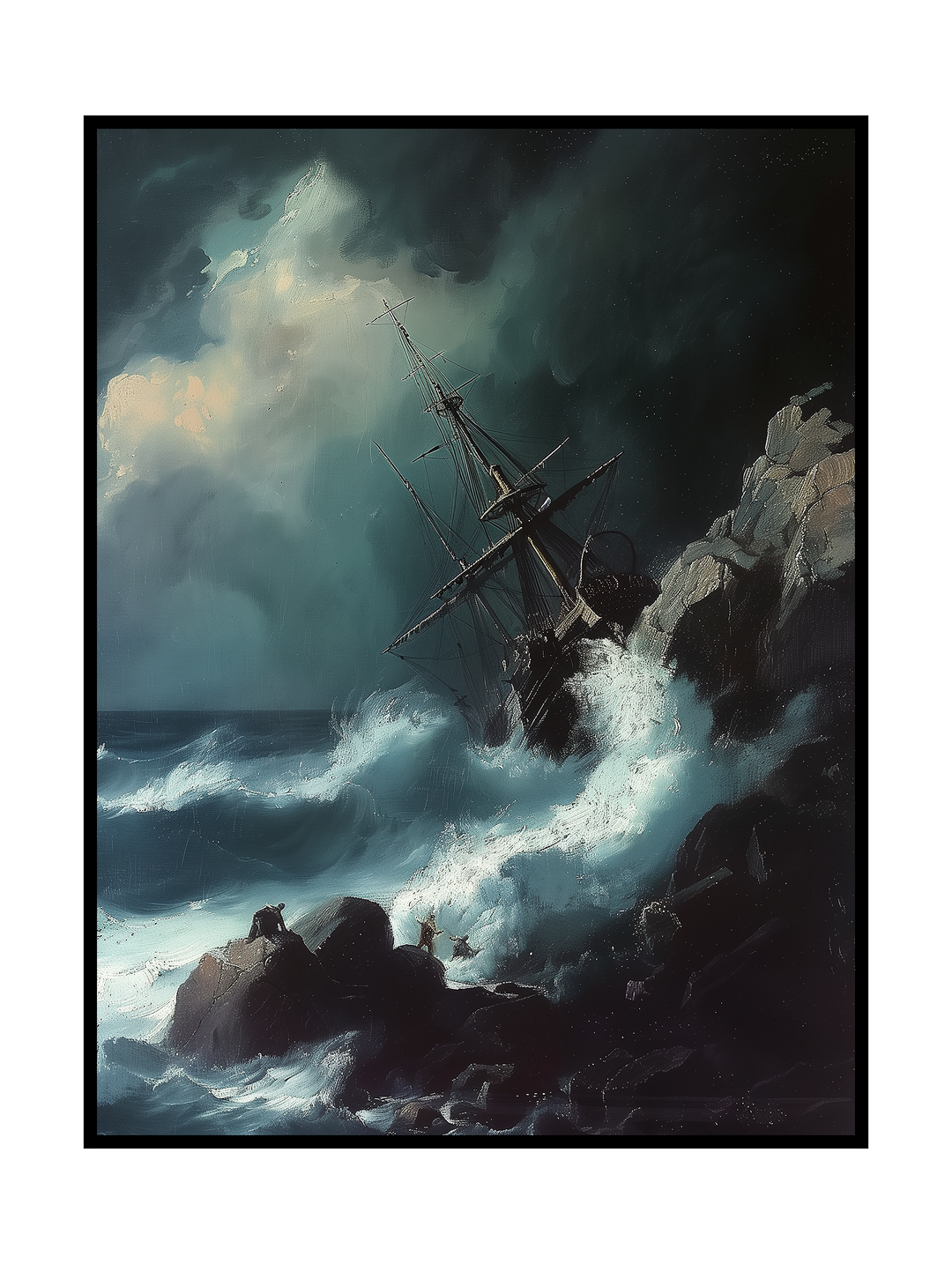 Powerful seascape showing a tall ship smashed against jagged rocks during a violent storm, with crashing waves, dark clouds, and small figures struggling on the shore, evoking the drama and intensity of classical maritime art of  Ivan Aivazovsky.