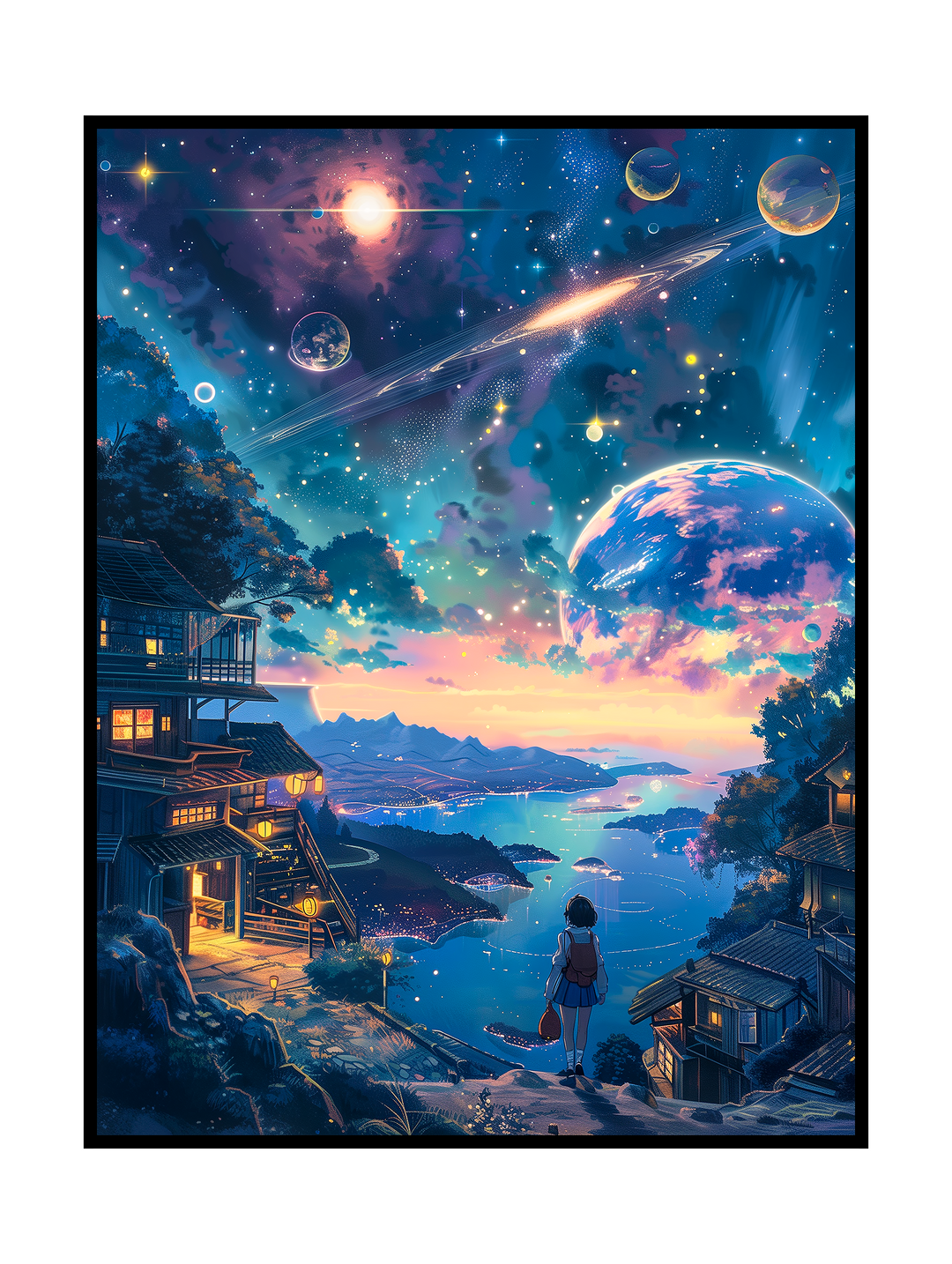 Surreal Atmospheric fantasy artwork depicting a glowing coastal village at night, overlooking calm water and distant mountains beneath a vast cosmic sky filled with planets, stars, and celestial light trails, blending serene nature with surreal space anime fantasy.