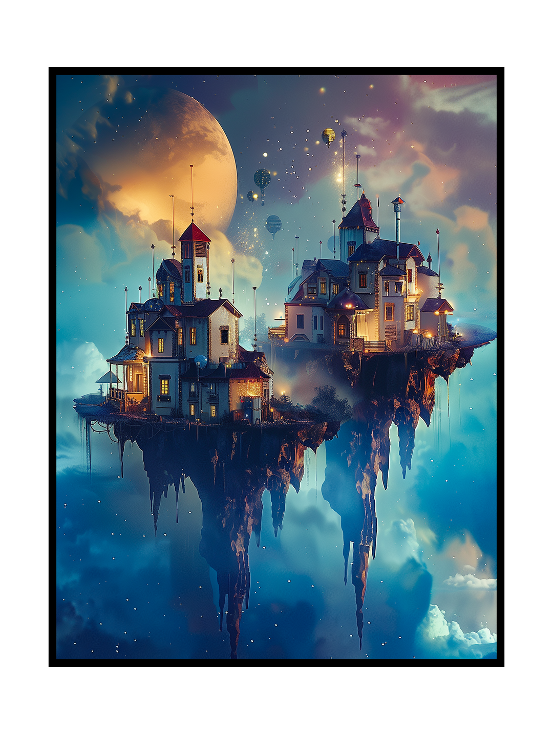 Surreal fantasy illustration showing a floating island suspended high above the clouds, carrying a cluster of illuminated houses, towers, and rooftops. Warm golden light glows from the windows, contrasting with the cool blue and turquoise tones of the surrounding sky. A large moon hangs in the background, while stars, soft clouds, and subtle atmospheric haze create a calm, magical night scene. The island’s rocky underside extends downward into the mist, enhancing the sense of weightlessness and otherworldly