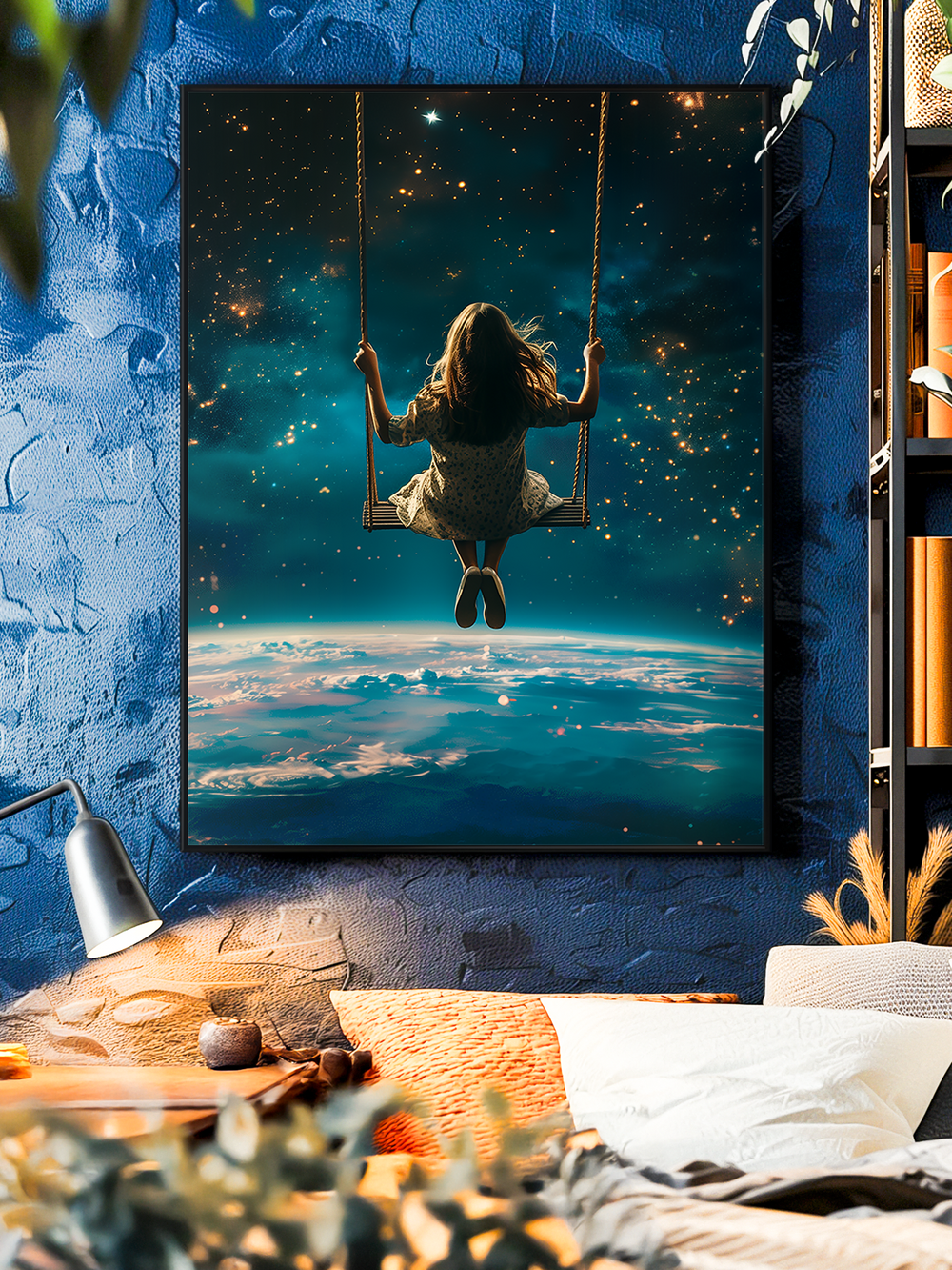 A surreal poster depicting a young girl swinging high above the Earth surrounded by glowing stars. The artwork blends fantasy and serenity, perfect for modern interiors and dreamlike bedroom decor.
