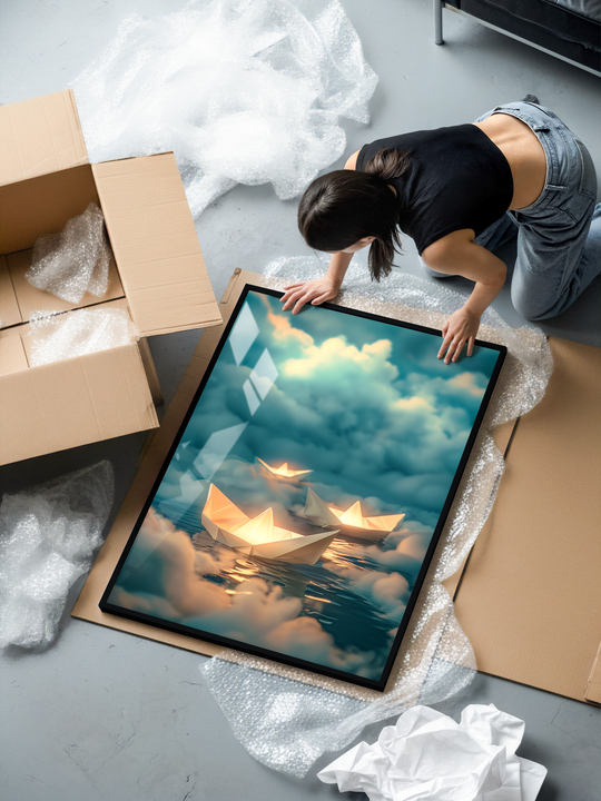 A framed artwork featuring glowing paper boats drifting across calm reflective water surrounded by soft cloud formations in warm teal and golden tones. The piece is photographed during unboxing, showing the premium black aluminum frame, protective plexiglass, and museum-grade 200gsm matte paper used by Acona Studio. A high quality wall art print designed for modern interiors and serene home decor.